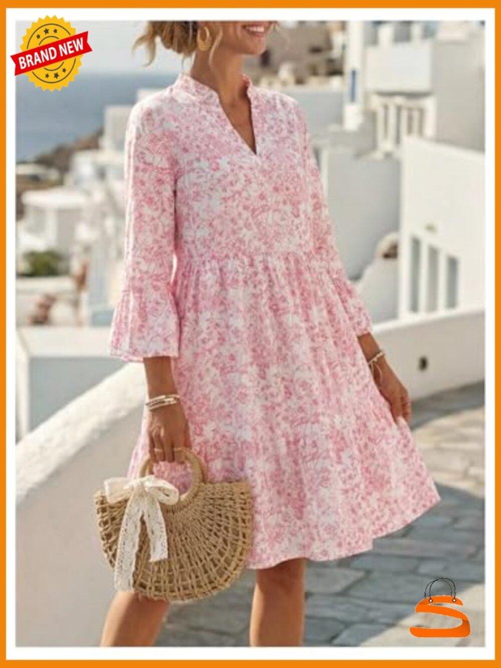 Floral V Neck Ruffle 3/4 Sleeve Swing Dress Flowy Beach Vacation Short Sundress - Picture 3 of 5